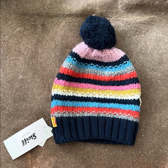 Steiff Embroidered Bear Colorful Striped Kids Beanie with Pom Pom Angora - Picture 4 of 7